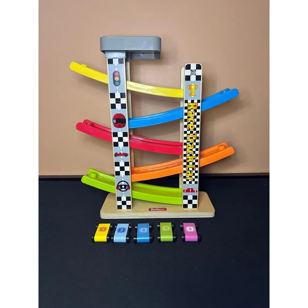 Belleur Wooden Race Track Car Ramp Toy Zig Zag Glider Cars Montessori